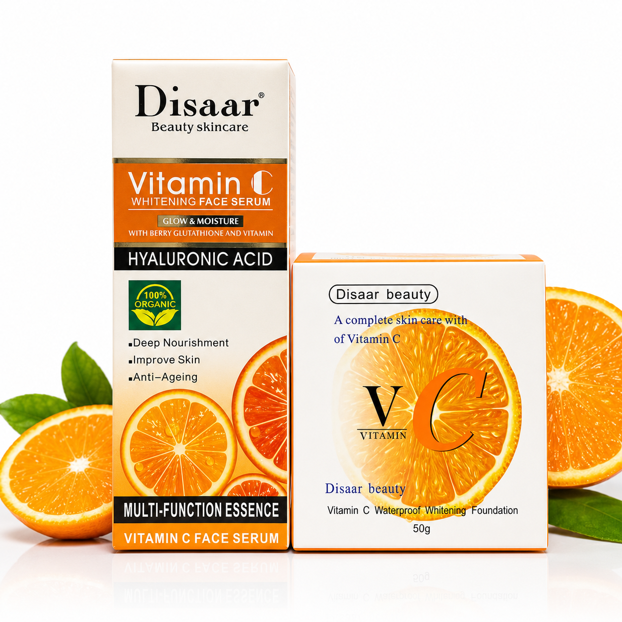 Disaar Vitamin C Whitening Face Serum with Hyaluronic Acid, and Disaar Vitamin C Waterproof Whitening Foundation