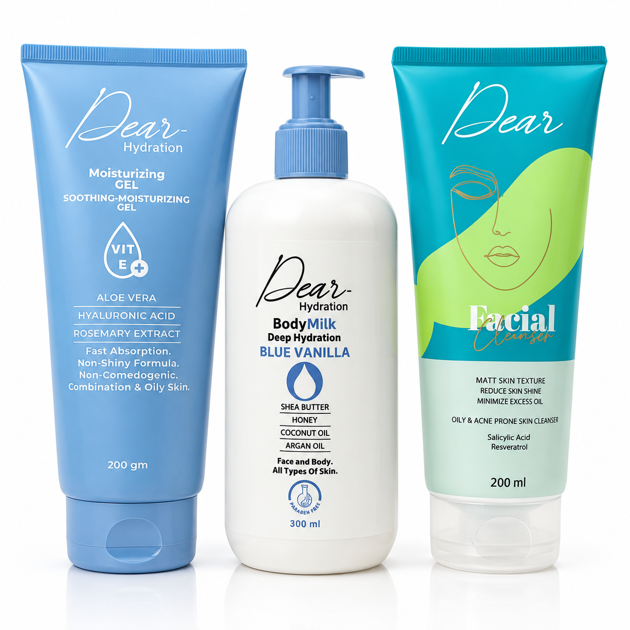 Dear Hydration Skincare Set – Body Milk, Moisturizing Gel & Facial Cleanser