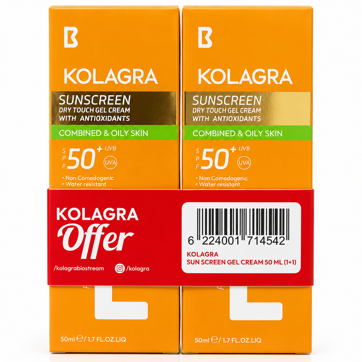 Kolagra Sunscreen SPF 50+ Dry Touch Gel Cream (1+1 Offer) | For Oily & Combination Skin